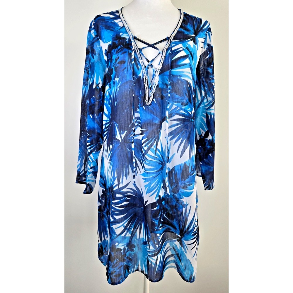 Bahama Blue Floral Mesh Beaded V Neck Swim Cover